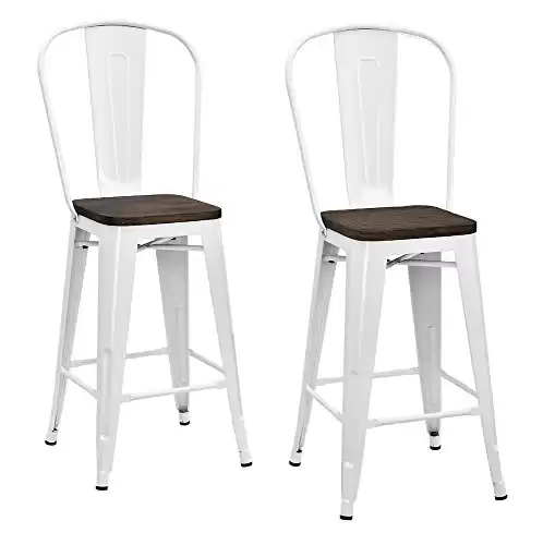 DHP Luxor Metal Counter Stool with Wood Seat and Backrest, 24", White