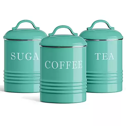 Barnyard Designs Canister Sets for Kitchen Counter, Vintage Kitchen Canisters, Country Rustic Farmhouse Decor for the Kitchen, Coffee Tea Sugar Farmhouse Kitchen Decor Set, Metal (Turquoise)