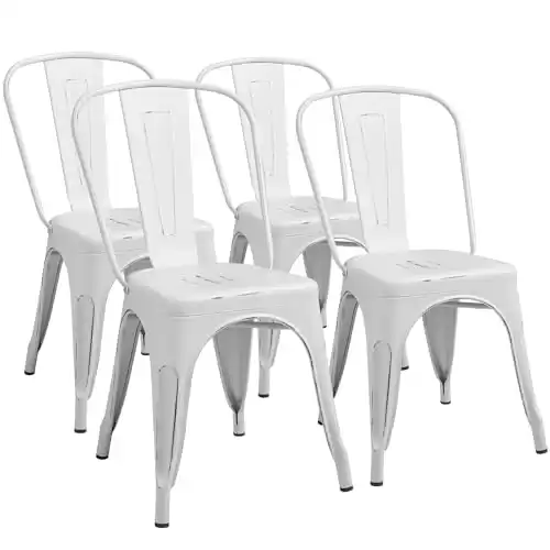 Furmax Metal Dining Chair Indoor Outdoor Use Stackable Chic Side Classic Trattoria Metal Chairs Set of 4 for Kitchen, Dining Room, Bistro and Cafe (Distressed White)