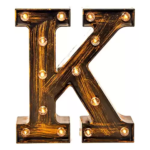 LED Marquee Letter Lights Vintage Style Light Up 26 Alphabet Letter Signs for Wedding Birthday Party Christmas Home Bar Cafe Initials Decor （K）