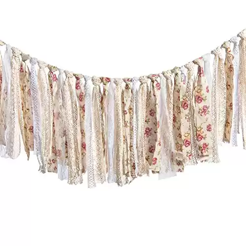 Ling's moment Rag Garland Yarn Tassel Garland Banner Burlap Lace Tassel Garland Floral Print Decor Rustic Wedding Event Party Supplies Shabby Chic Banner 3-6 FT