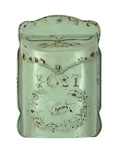 Creative Co-Op Aqua Embossed Tin Post Box with Distressed Finish