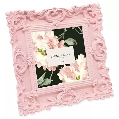 Laura Ashley 4x4 Pink Ornate Textured Hand-Crafted Resin Picture Frame with Easel & Hook for Tabletop & Wall Display, Decorative Floral Design Home Décor, Photo Gallery, Art, More (4x4, Pink)