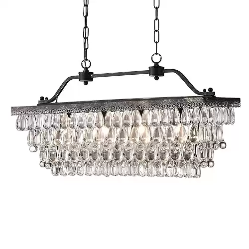 Edvivi Luxury Rectangular Linear Crystal Chandelier, 4 Lights Glam Lighting Fixture with Antique Bronze Finish, Adjustable Ceiling Light Fixture, Dining Room, Kitchen Island